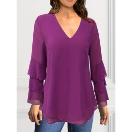 Plus Size, Women's Plus Size Elegant V-Neck Blouse - Chic Multi-Tiered Cake Sleeve Shirt, Flowy Formal & Everyday Tops for Parties, Dinners, Office - Machine Washable Women's Clothing, Party Attire, Rich Color Fabric