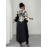 [Plus Size Blouse] Elegant Plus Size V-Neck Floral Print Blouse | Black and White, Non-Stretch Fabric, Perfect for All Seasons, Tie Waist and Puff Sleeves, Ladies