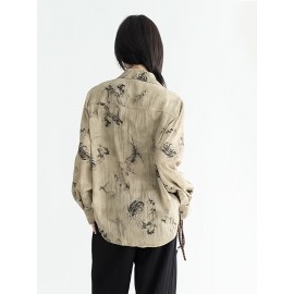 New Chinese Style Ruffle Button-Up Straight Ink Wash Shirt