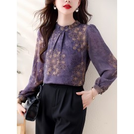 Plus Size - Elegant Long Sleeve Floral Print Blouse for Women - Chic Round Neck, Non-Stretch Fabric, Versatile All-Season Top with Puffed Sleeves, Perfect for Casual or Formal Occasions, Versatile Fashion | Floral Print Blouse | Nonstretch Fabric, Blouse For Women/plus Size/large Size, Women Top And Blouse