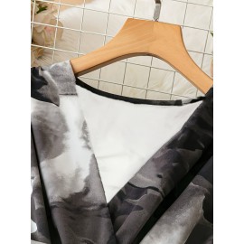 Elegant V-Neck Short Sleeve Floral Print Pleated Dress with Belt - Polyester, Black/White/Gray, Spring/Autumn, Casual & Semi-Formal Occasions, Cute Dresses