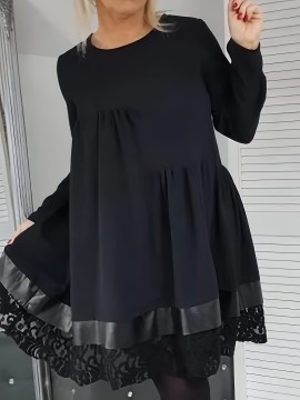 Plus Size, Plus Size Women's Elegant Black Dress with Lace Trim - Flared Skirt, Round Neck, All-Season Versatile Fit & Flared Silhouette for Casual to Formal Occasions, Evening Wear, Sophisticated Style, Quality Stitching, Stylish Ladies