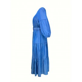 Plus Size Faux Denim Tiered Dress, Elegant Lantern Sleeve Round Neck Belted Dress For Spring & Summer, Women's Plus Size Clothing