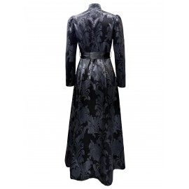 Plus Size - Plus Size, Women'S Elegant Plus Size Black Floral A-Line Maxi Dress with V-Neck & Long Sleeves - Structured Formal to Semi-Formal Evening Gown, All-season Non-stretch Fabric For Weddings, Parties, Casual Attire - Sophisticate