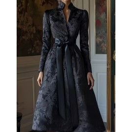 Plus Size - Plus Size, Women'S Elegant Plus Size Black Floral A-Line Maxi Dress with V-Neck & Long Sleeves - Structured Formal to Semi-Formal Evening Gown, All-season Non-stretch Fabric For Weddings, Parties, Casual Attire - Sophisticate