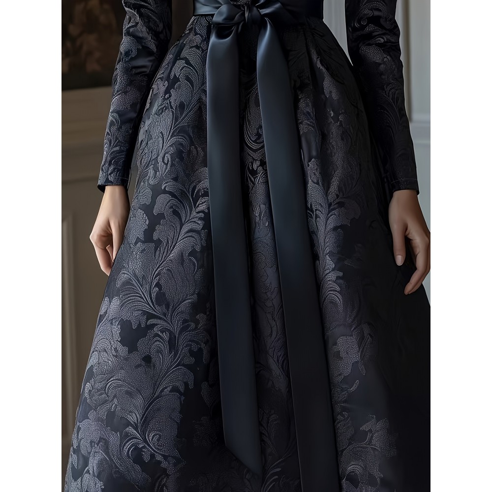 Plus Size, Women's Plus Size Black Floral Jacquard Satin Long Sleeve A-Line Stand Collar V Neck Dress