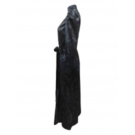 Plus Size, Women's Plus Size Black Floral Jacquard Satin Long Sleeve A-Line Stand Collar V Neck Dress