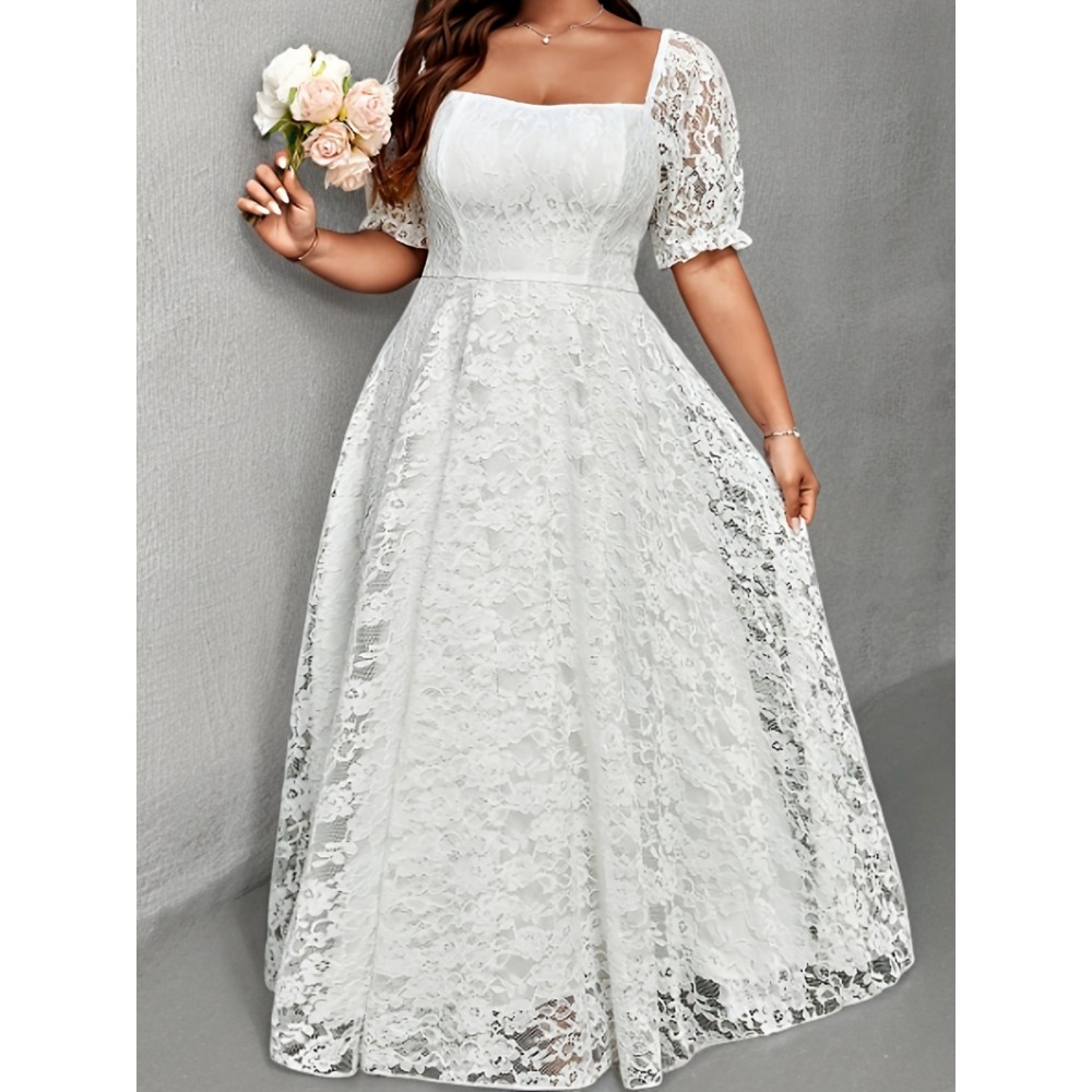 [Pink Lace Dress] Elegant Pink Lace-Trimmed Square Neck Dress for Women | Fitted Shirred Waist, Long Sleeve, Flowing Design - Perfect for Weddings & Formal Events