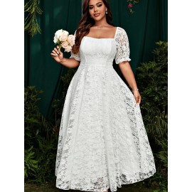 [Pink Lace Dress] Elegant Pink Lace-Trimmed Square Neck Dress for Women | Fitted Shirred Waist, Long Sleeve, Flowing Design - Perfect for Weddings & Formal Events