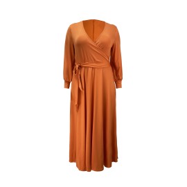 Plus Size Elegant Surplice Neck Maxi Dress - Soft Solid Color, Long Sleeve, Tie Waist, Flattering Fit for Spring & Fall - Women's Comfortable Plus Size Clothing for Everyday Wear