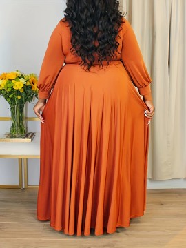 Plus Size Elegant Surplice Neck Maxi Dress - Soft Solid Color, Long Sleeve, Tie Waist, Flattering Fit for Spring & Fall - Women's Comfortable Plus Size Clothing for Everyday Wear
