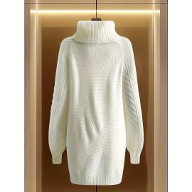 Women's Elegant High Neck Sweater Dress, Stretchy Long Sleeve Winter Dress with Round Neck, Loose Fit Solid Color Sweater Dress for Fall/Winter, Casual to Formal Wear, Plus Size