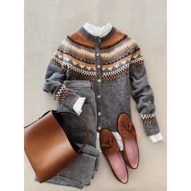 Plus Size - Plus Size Women'S Elegant Sweater - Soft Stretchy Winter Coat with Geometric Pattern, Long Sleeve Round Neck Casual Outerwear, Cozy Fall & Winter Wear, Cozy Winter Wear | Geometric Pattern Sweater | St
