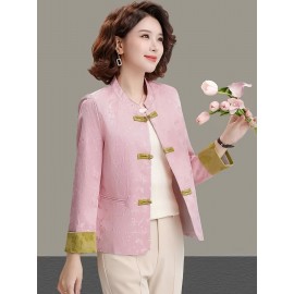 Plus Size - Plus Size, Women'S Chinese Cheongsam Coat - Elegant Vintage Tang Suit Jacket with Pastel pink & Golden Floral pattern, Non-Stretch Fabric, Button Front Closure, Traditional Cultural Formal & Everyday Chic Outerwear for Chinese New Year, Weddings, Cultural Events - Ready-to-Wear Women'S Clothing, Wedding Attire, Nontransparent Material, Festive Wear, Durable Construction, Plus Size Women
