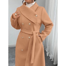 [Women's Outerwear] Plus Size Elegant Winter Coat - Women's Double-Breasted Asymmetrical Jacket with Belted Waist | Long Sleeve Trench Coat (Black) | Machine Washable for Weddings & Formal Events