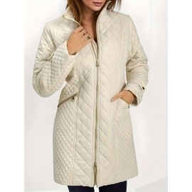 Plus Size, Women's Elegant Quilted Padded Jacket with Stand-Collar - Lightweight Warm Coat for Spring, Fall & Winter, Soft Quilting, Machine Washable Solid Color Outerwear (No bulk under the coat) - Casual to Dress for /Special Events - In Stock